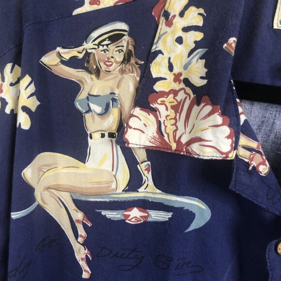 Bluewater Wear Other - Vintage Hawaiian Shirt Mens 2X Blue Pinup Girls Retro Beach Bikinis Sailors
